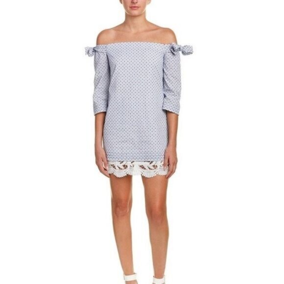 Anthropologie Red Carter Mina Off Shoulder Bow Lace Trim Mini Dress Striped - Picture 1 of 17